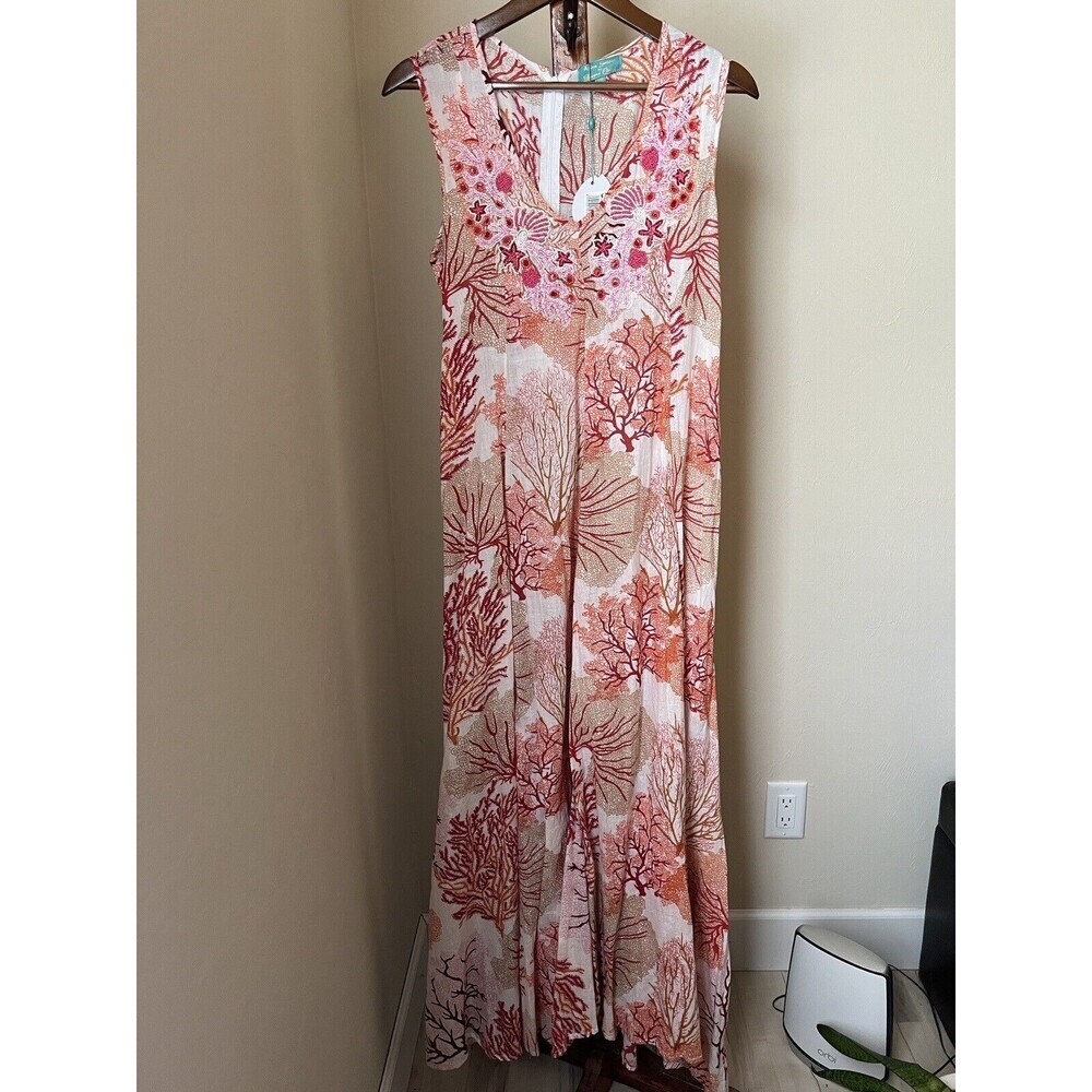 Antica Sartoria Maxi Dress OS Beaded Embellished Coral Sleeveless Cotton Resort